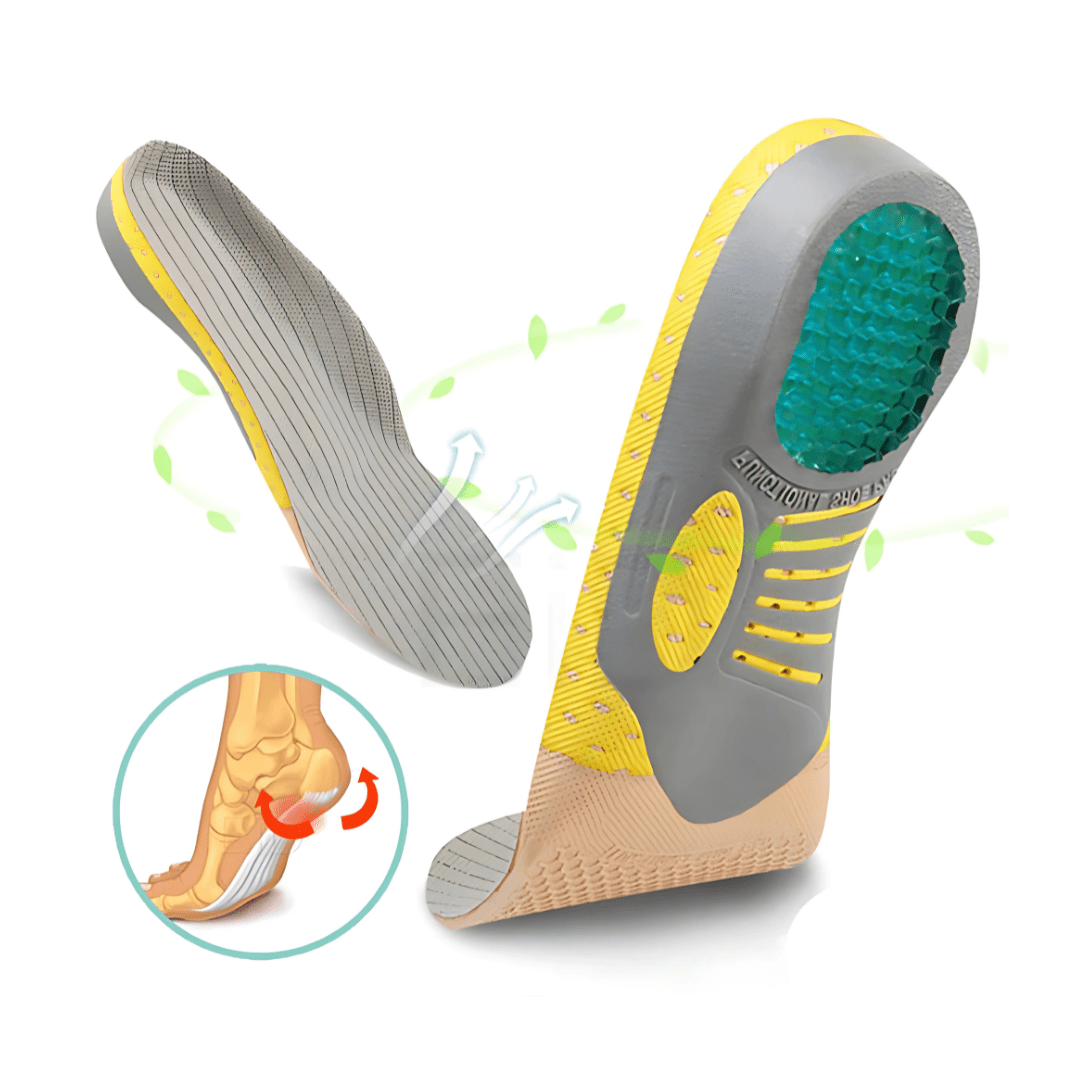 "Semelles orthopédiques confortables, soulagement épine calcanéenne, matériaux respirants, adaptées à toutes chaussures"