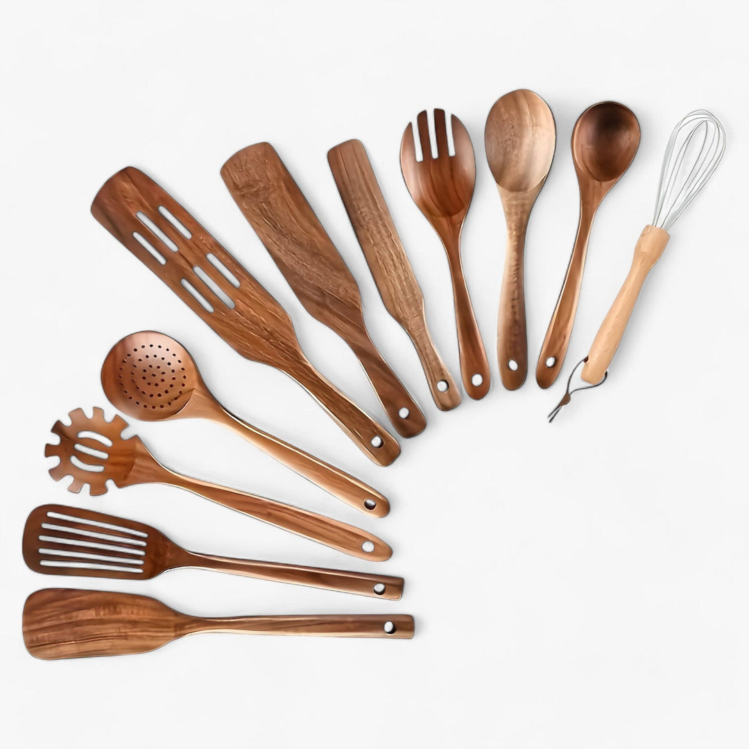 "Set d'ustensiles de cuisine en bois naturel 11 pièces EcoWood, design élégant, idéal pour surface antiadhésive."