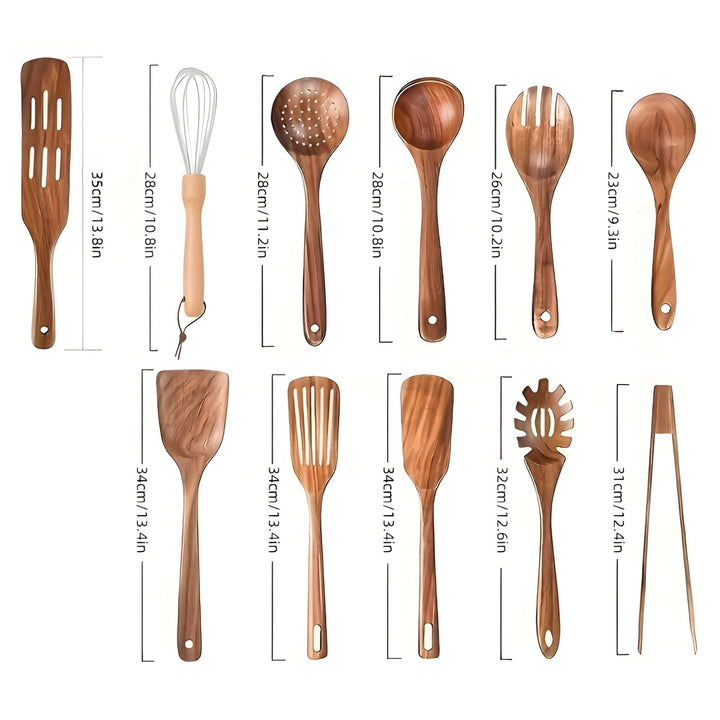 "Set d'ustensiles de cuisine en bois naturel 11 pièces EcoWood, design élégant, idéal pour surface antiadhésive."