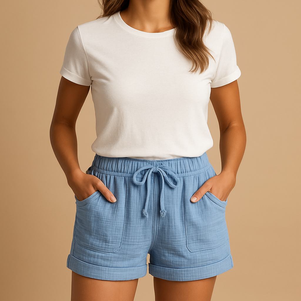 "Short d'été léger pour femmes, taille élastique, poches, design aéré, idéal journées chaudes estivales"