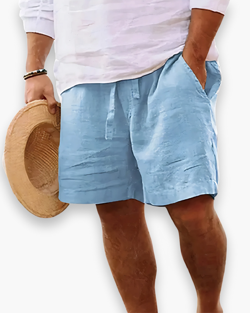 "Short homme été, léger et respirant, vue de face, couleur neutre, coupe décontractée avec ceinture élastique."