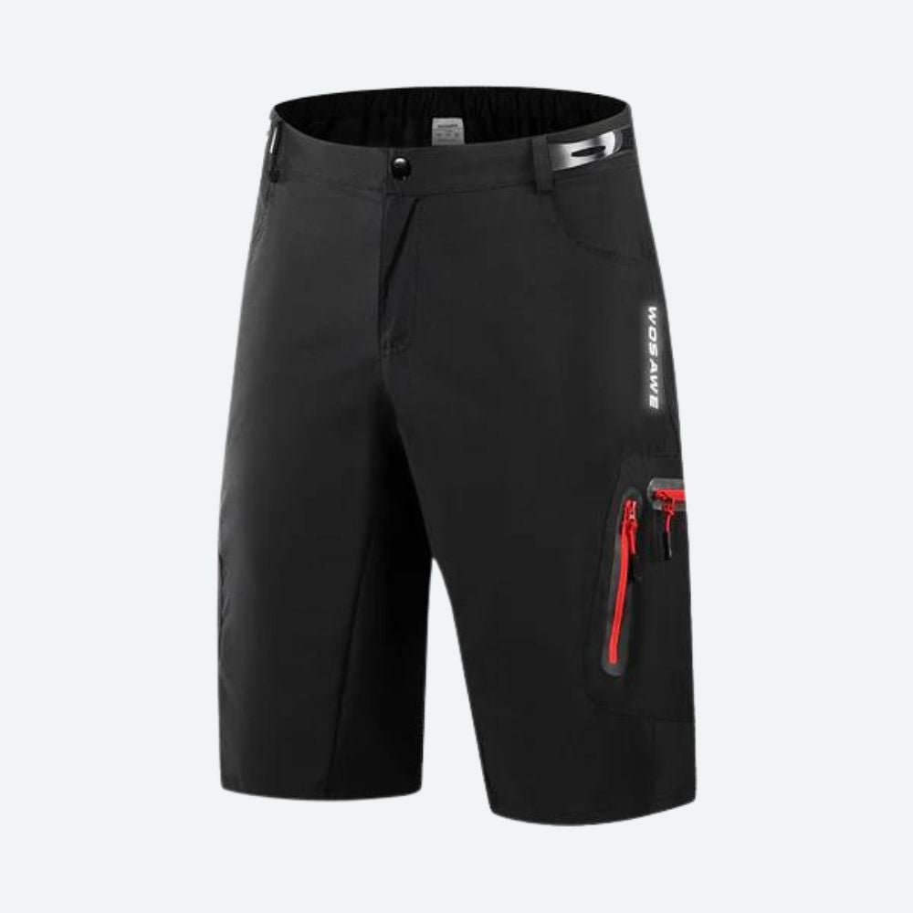 Short technique homme bleu, déperlant, poches zippées, tissu respirant, coupe ergonomique, idéal randonnée et cyclisme.