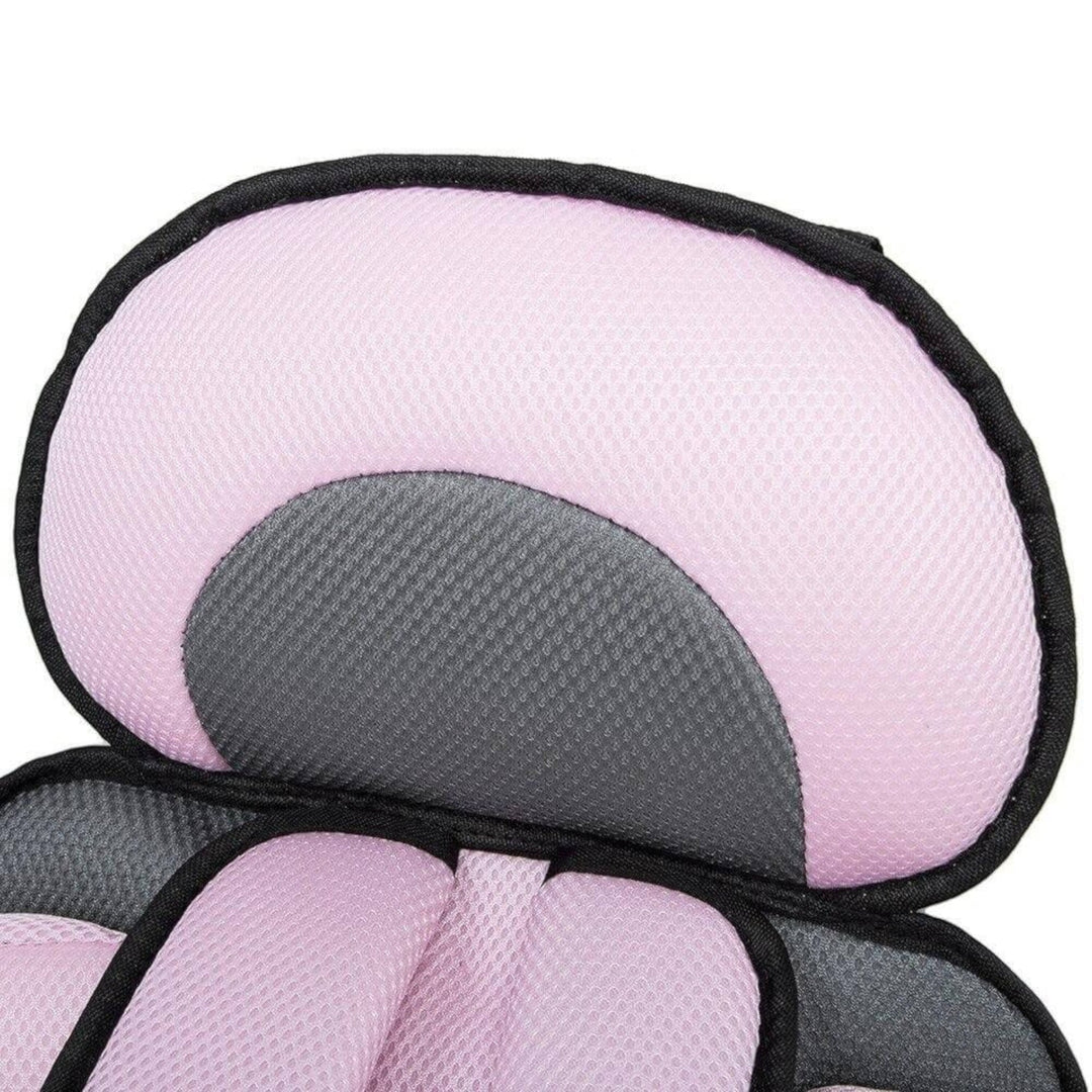 "Siège auto enfant avec harnais 5 points, coussins en coton, tissu aéré, couleurs variées, pour sécurité et confort."