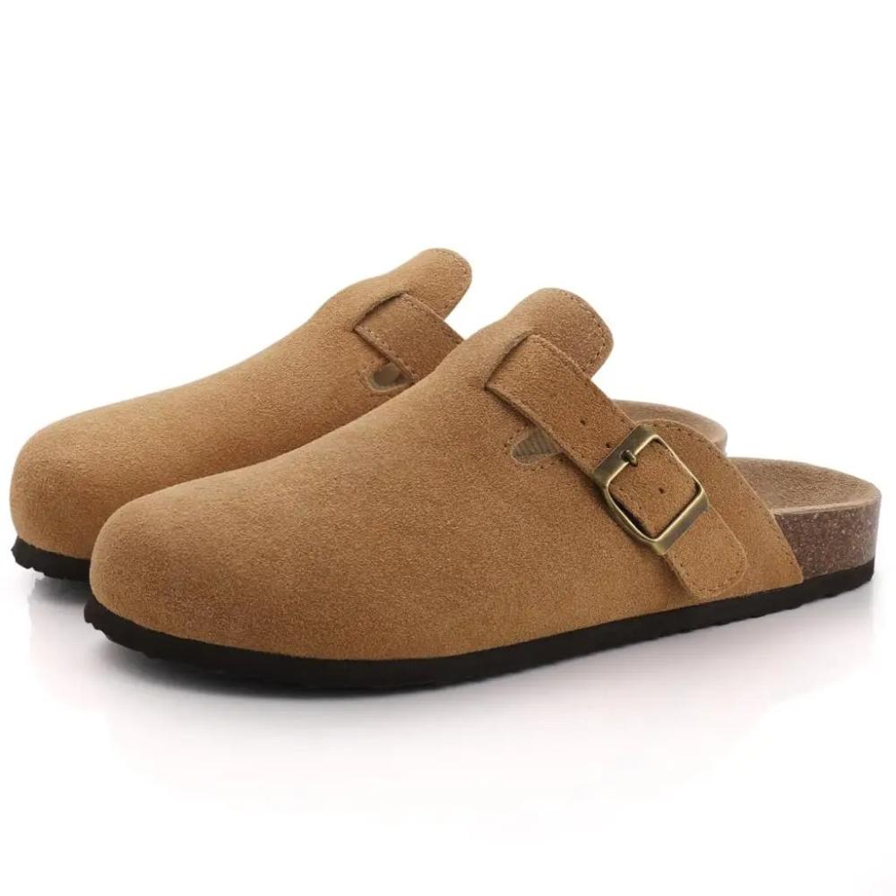 Slippers orthopédiques femme en suède et liège, style classique avec boucle réglable, confort supérieur et élégant.