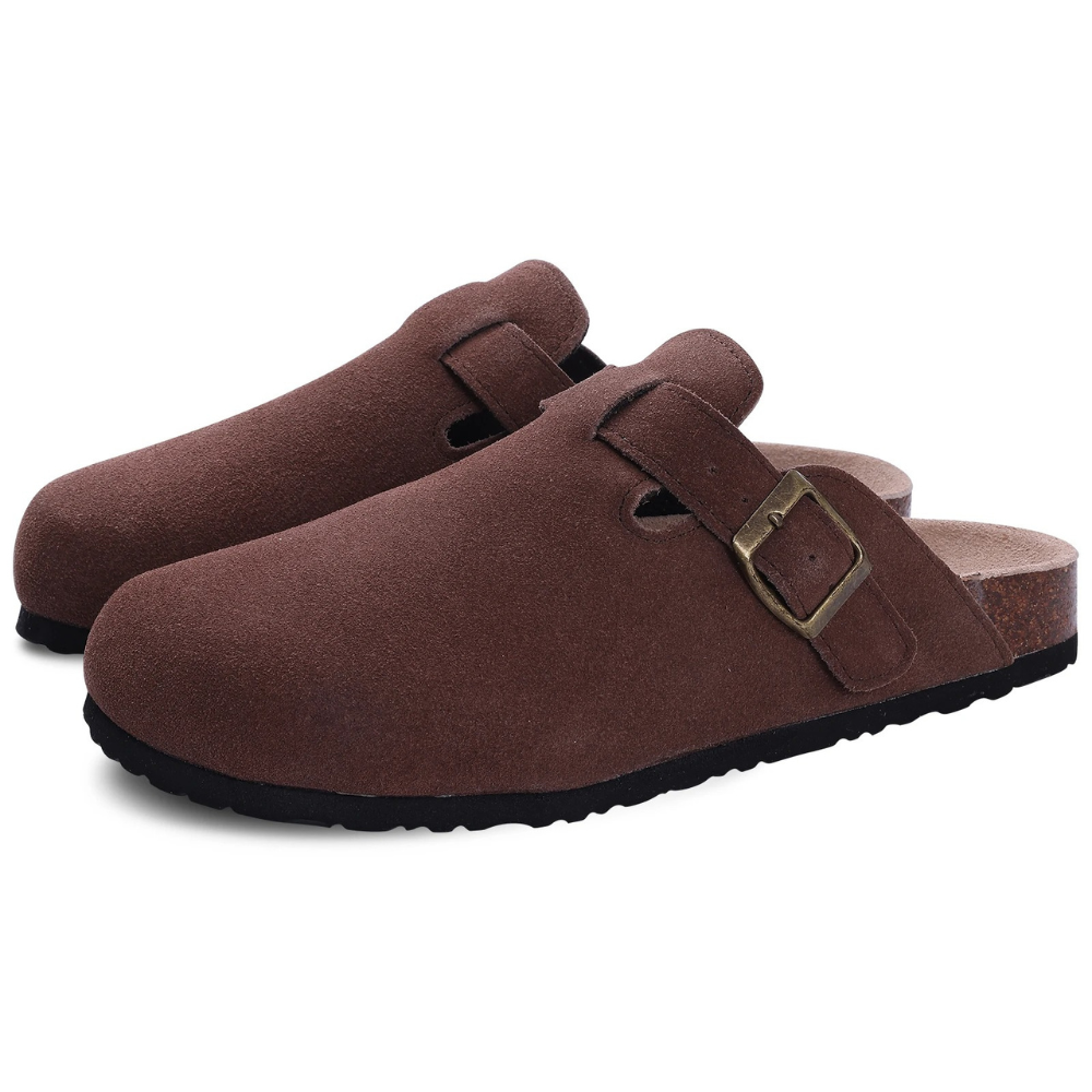 Slippers orthopédiques femme en suède et liège, style classique avec boucle réglable, confort supérieur et élégant.