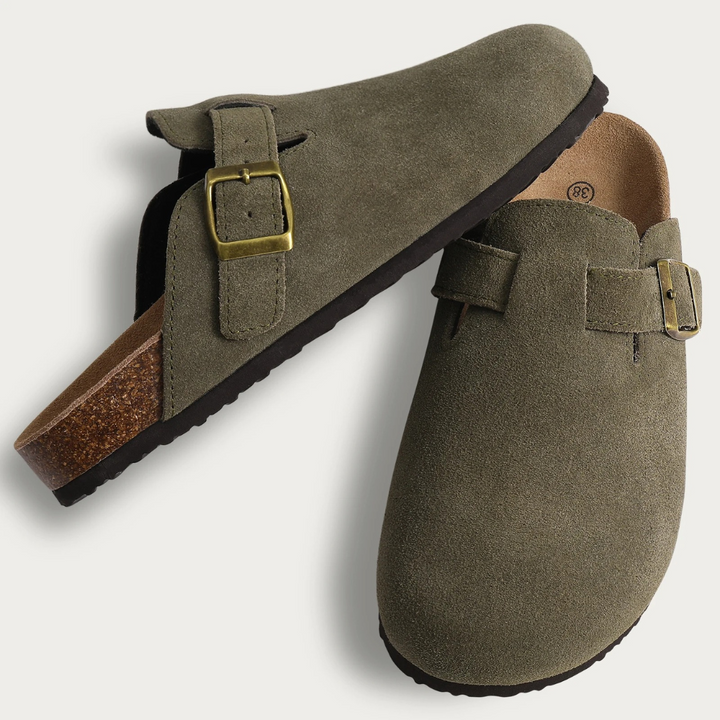 Slippers orthopédiques femme en suède et liège, style classique avec boucle réglable, confort supérieur et élégant.
