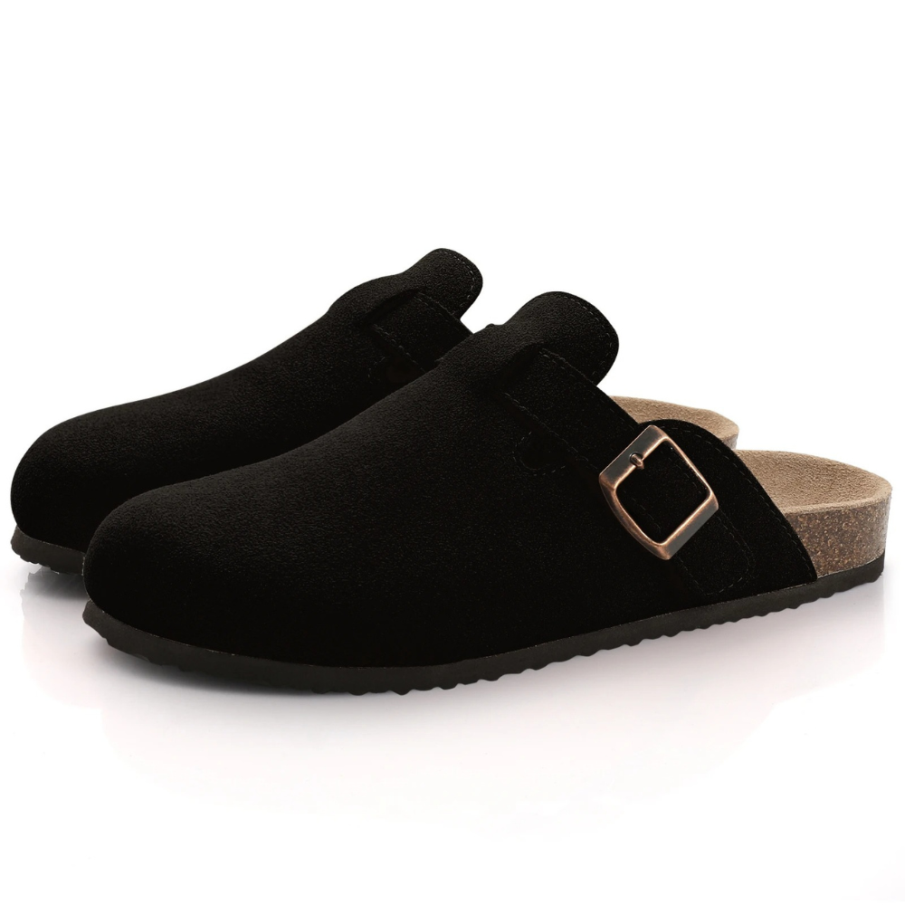 Slippers orthopédiques femme en suède et liège, style classique avec boucle réglable, confort supérieur et élégant.