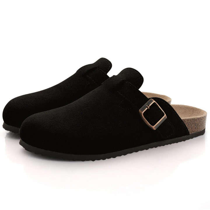 Slippers orthopédiques femme en suède et liège, style classique avec boucle réglable, confort supérieur et élégant.