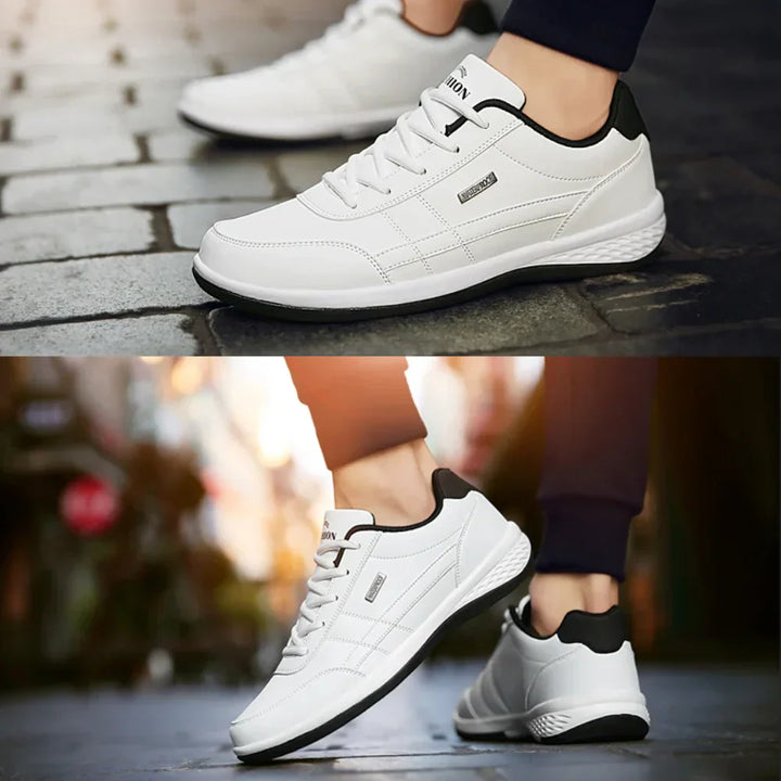 Sneakers orthopédiques en cuir bleu pour hommes, style moderne, confort et soutien, semelle antidérapante.