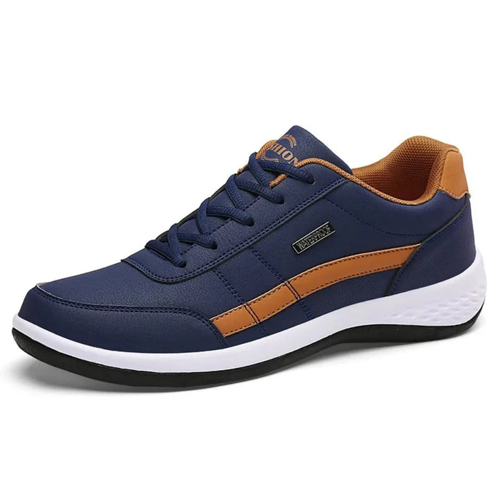 Sneakers orthopédiques en cuir bleu pour hommes, style moderne, confort et soutien, semelle antidérapante.