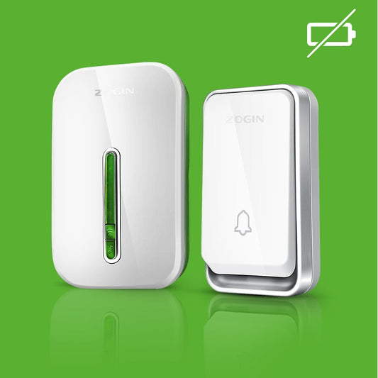"Sonnette sans fil écologique sans batterie, installée près d'une porte, étanche et durable, avec indicateur LED."