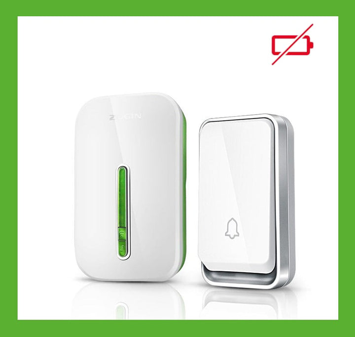 "Sonnette sans fil écologique sans batterie, installée près d'une porte, étanche et durable, avec indicateur LED."