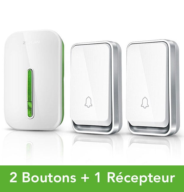 "Sonnette sans fil écologique sans batterie, installée près d'une porte, étanche et durable, avec indicateur LED."