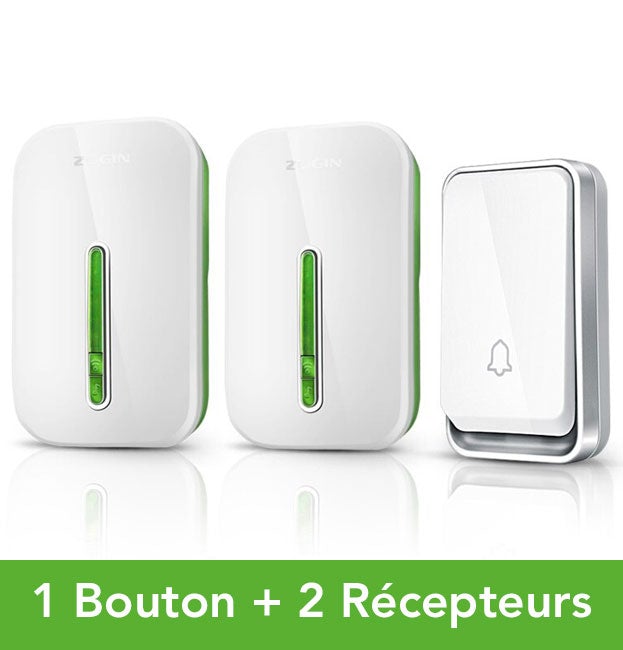 "Sonnette sans fil écologique sans batterie, installée près d'une porte, étanche et durable, avec indicateur LED."