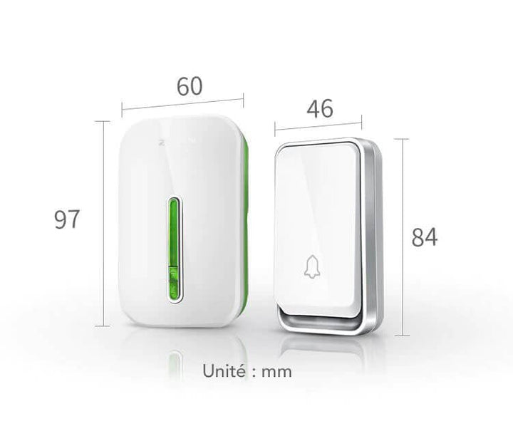 "Sonnette sans fil écologique sans batterie, installée près d'une porte, étanche et durable, avec indicateur LED."