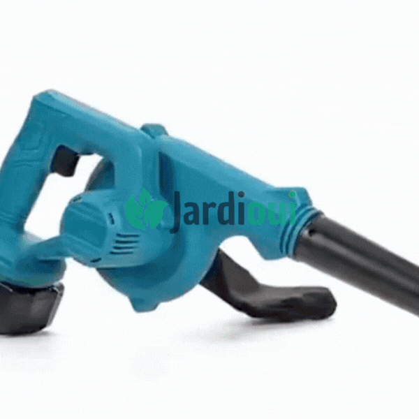 Souffleur-aspirateur électrique sans fil, compact, vert, ergonomique, batterie incluse, pour nettoyage extérieur rapide.