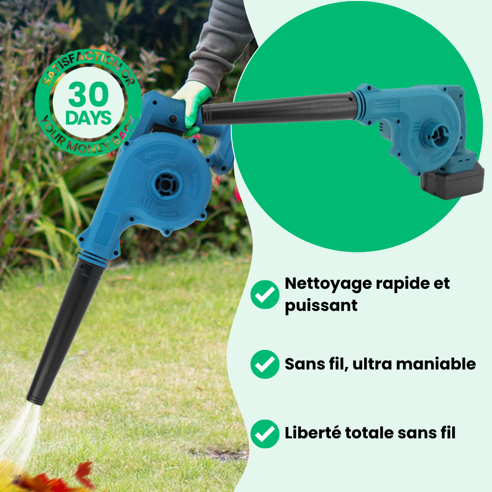 Souffleur-aspirateur électrique sans fil, compact, vert, ergonomique, batterie incluse, pour nettoyage extérieur rapide.
