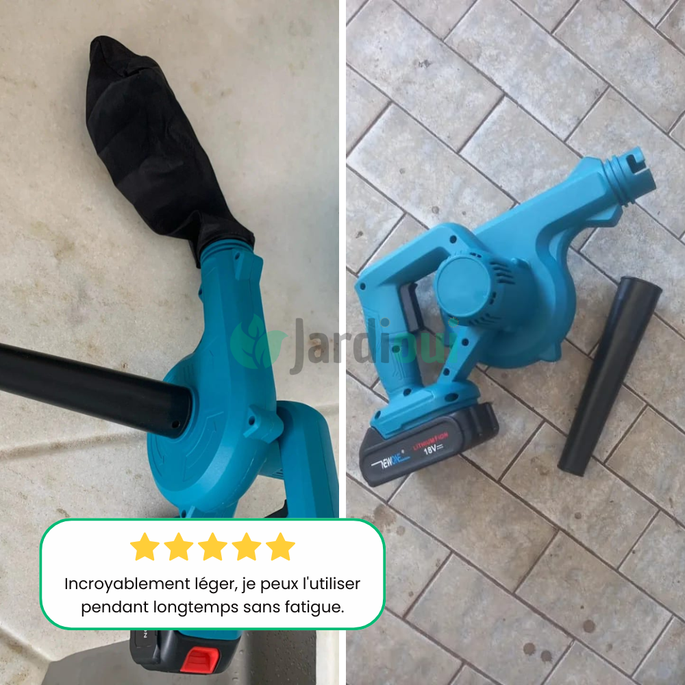 Souffleur-aspirateur électrique sans fil, compact, vert, ergonomique, batterie incluse, pour nettoyage extérieur rapide.