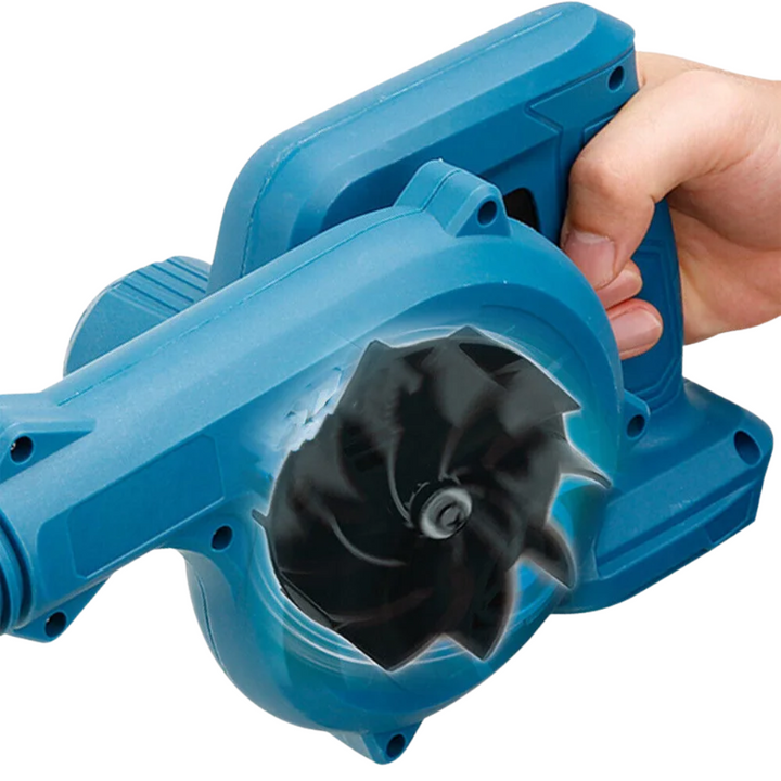 Souffleur-aspirateur électrique sans fil, compact, vert, ergonomique, batterie incluse, pour nettoyage extérieur rapide.