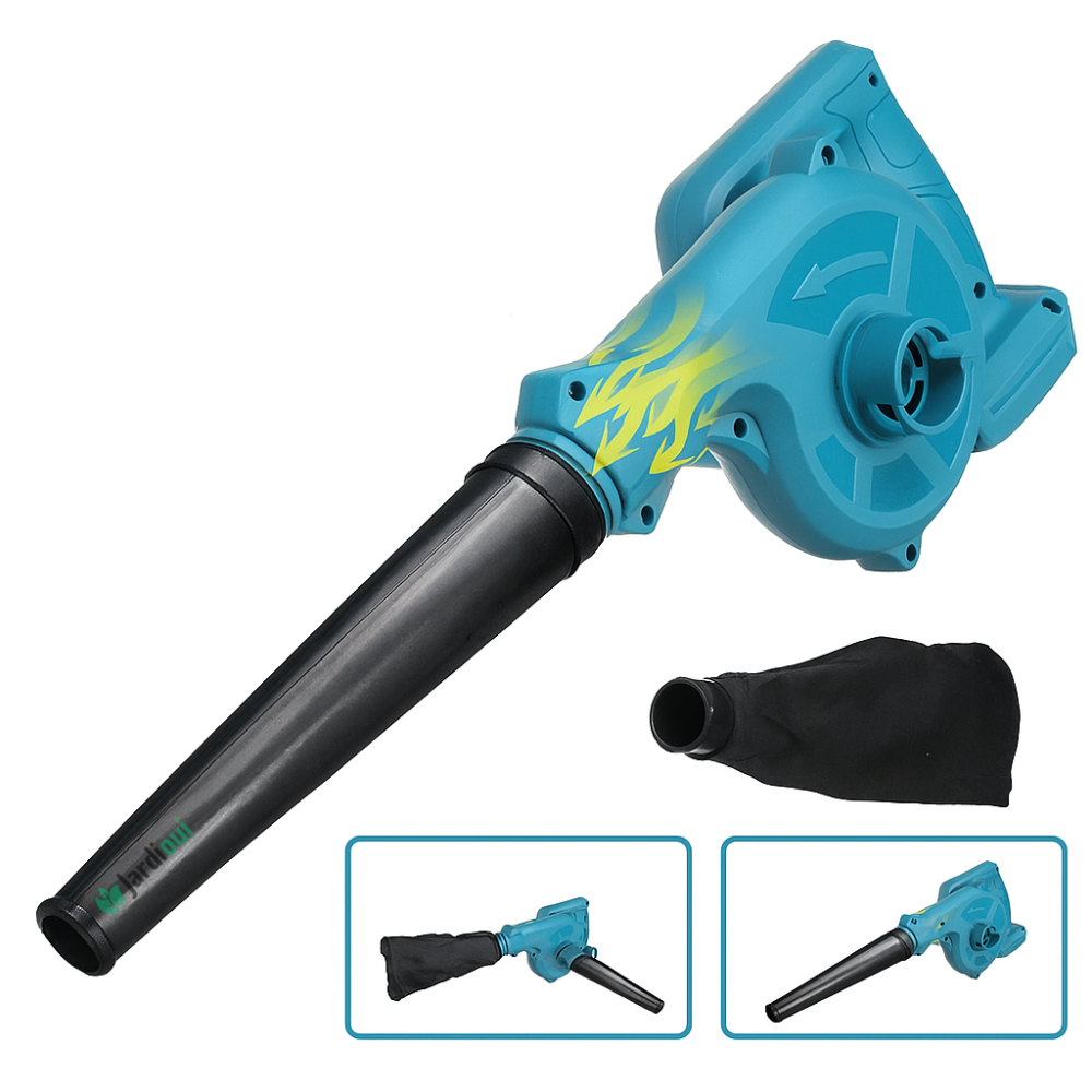 Souffleur-aspirateur électrique sans fil, compact, vert, ergonomique, batterie incluse, pour nettoyage extérieur rapide.