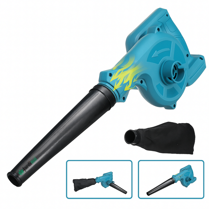 Souffleur-aspirateur électrique sans fil, compact, vert, ergonomique, batterie incluse, pour nettoyage extérieur rapide.