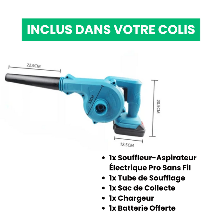 Souffleur-aspirateur électrique sans fil, compact, vert, ergonomique, batterie incluse, pour nettoyage extérieur rapide.