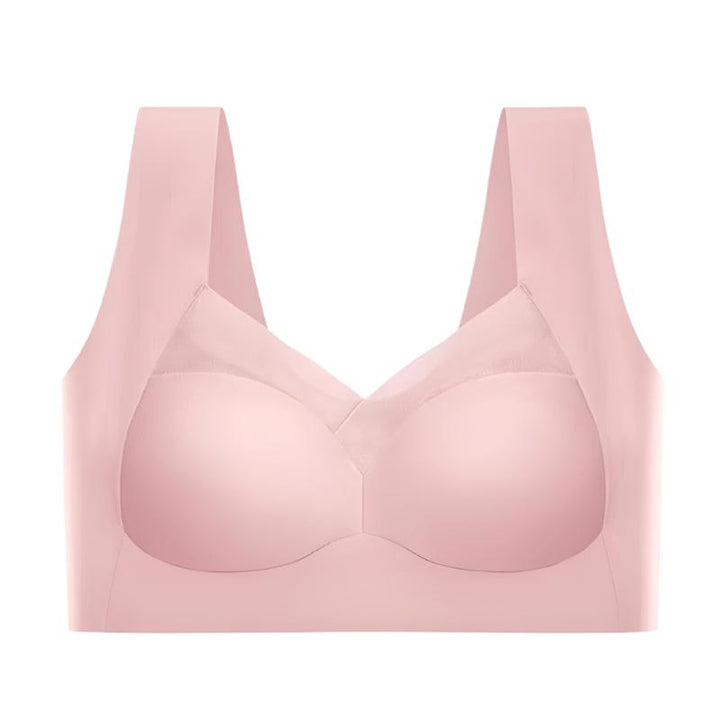 Soutien-gorge sans couture, beige, confortable, épousant la silhouette, idéal sous vêtements moulants, matière douce.
