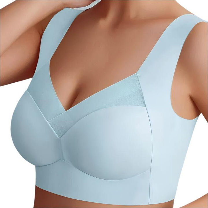 Soutien-gorge sans couture, beige, confortable, épousant la silhouette, idéal sous vêtements moulants, matière douce.