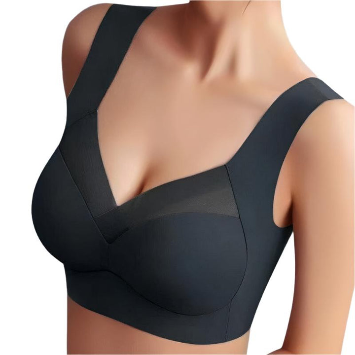 Soutien-gorge sans couture, beige, confortable, épousant la silhouette, idéal sous vêtements moulants, matière douce.
