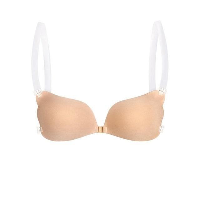 "Soutien-gorge sans couture et bretelles transparentes, fermeture avant, idéal pour tenues décolletées et élégantes"