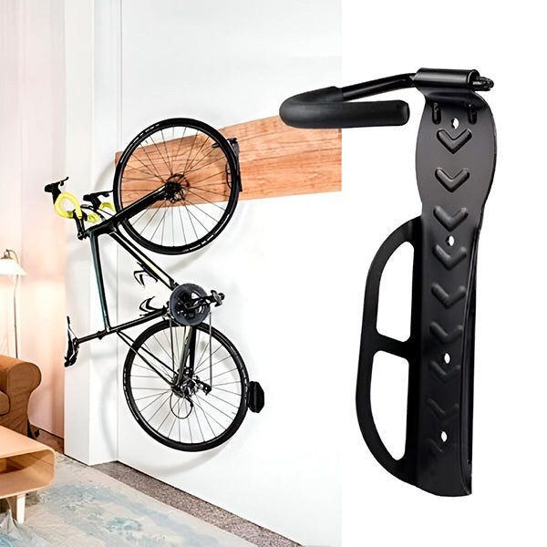 "Support vélo mural noir, design moderne, accroché au mur pour optimiser l'espace et sécuriser le vélo."