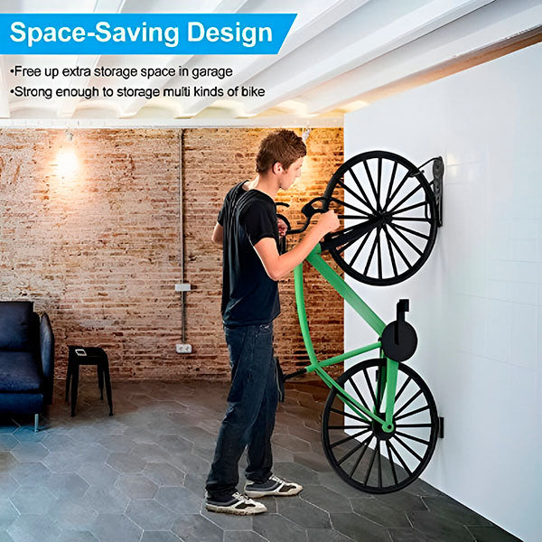 "Support vélo mural noir, design moderne, accroché au mur pour optimiser l'espace et sécuriser le vélo."