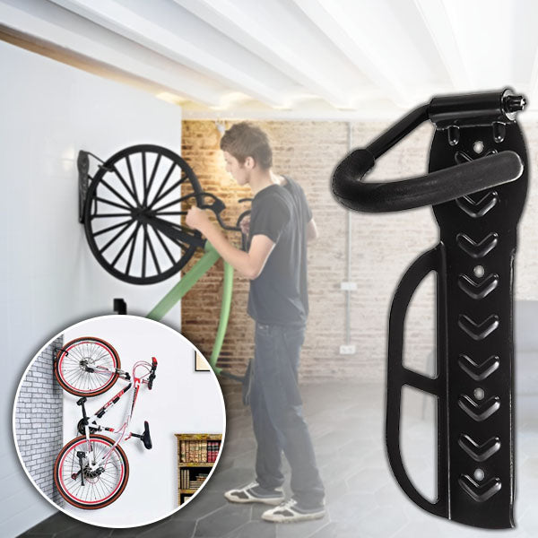 "Support vélo mural noir, design moderne, accroché au mur pour optimiser l'espace et sécuriser le vélo."
