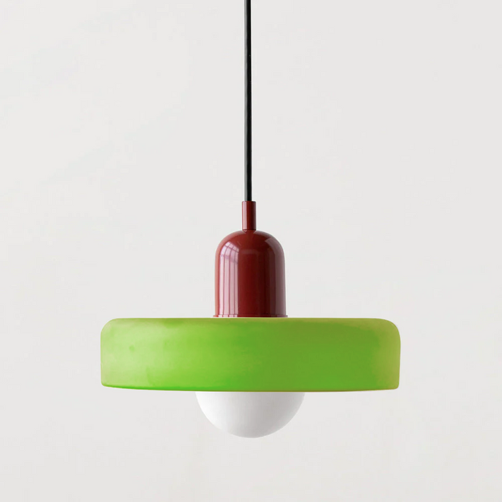 "Suspension Bauhaus moderne, verre coloré, ajustable, style vitrail, couleurs blanc, orange, vert, pour extérieur élégant."