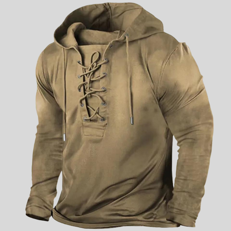 "Sweat à capuche élégant et robuste, laçage frontal unique, poches latérales, look vintage en couleur kaki."