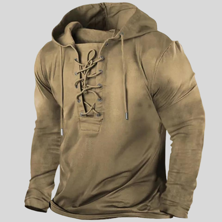 "Sweat à capuche élégant et robuste, laçage frontal unique, poches latérales, look vintage en couleur kaki."