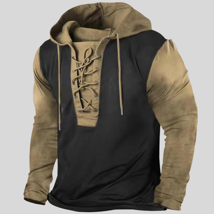 "Sweat à capuche élégant et robuste, laçage frontal unique, poches latérales, look vintage en couleur kaki."