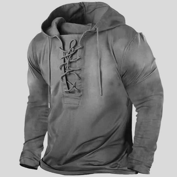"Sweat à capuche élégant et robuste, laçage frontal unique, poches latérales, look vintage en couleur kaki."