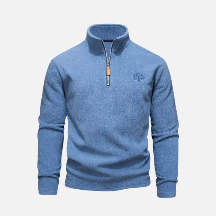 "Sweat-shirt homme à col montant zippé, coupe décontractée, tissu doux beige, idéal pour un style moderne et confortable."