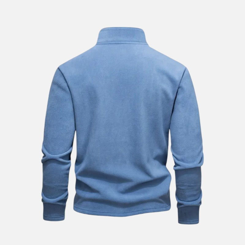 "Sweat-shirt homme à col montant zippé, coupe décontractée, tissu doux beige, idéal pour un style moderne et confortable."