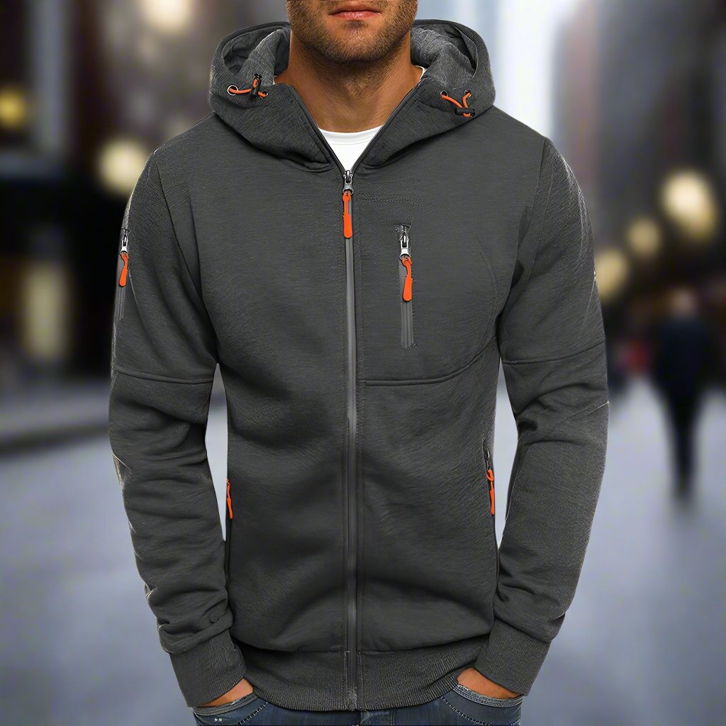 "Sweatshirt homme avec zip et capuche, coupe décontractée, élégant et confortable, idéal pour style moderne."