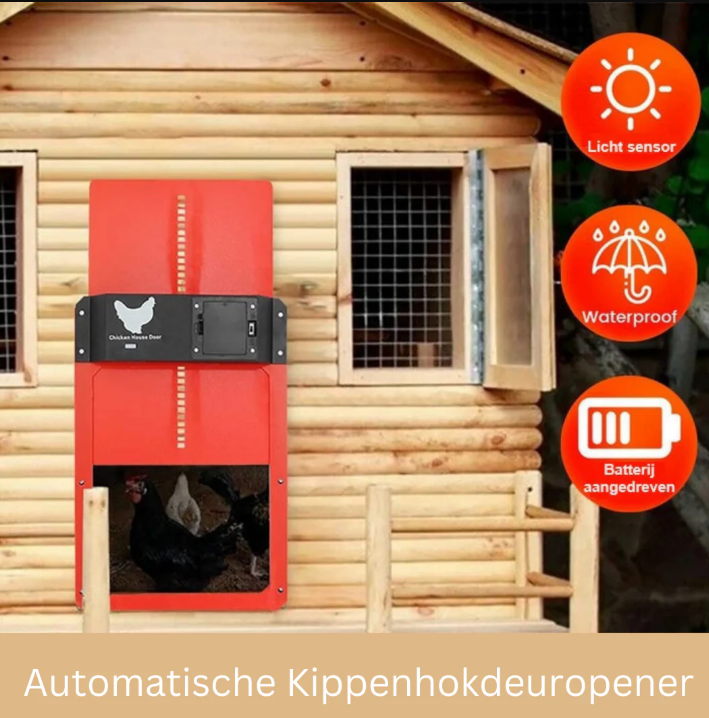 Système de porte automatique poulailler robuste, protection sécurité poules, commande personnalisée, multicolore extérieur.