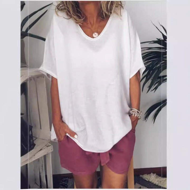 T-shirt femme col V en coton et lin, manches courtes, couleur vibrante, look décontracté, idéal printemps-été.