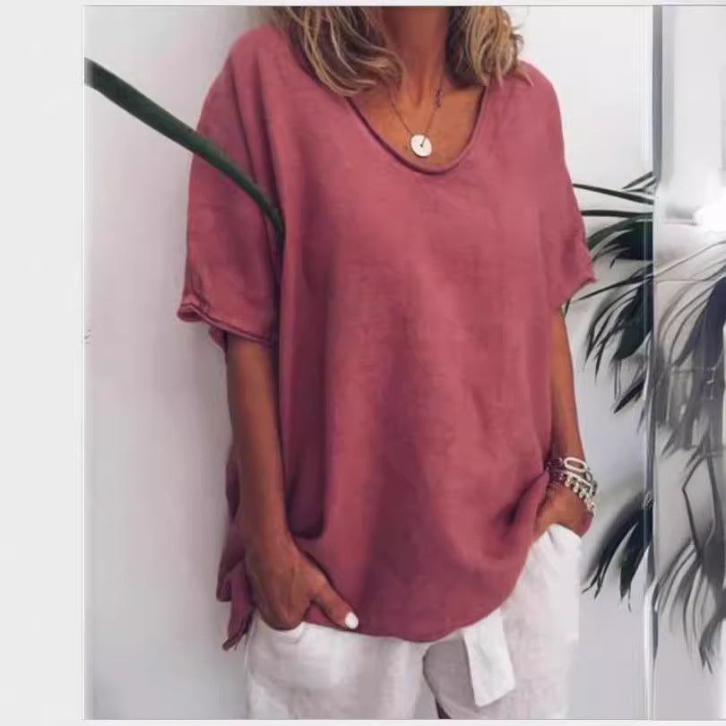 T-shirt femme col V en coton et lin, manches courtes, couleur vibrante, look décontracté, idéal printemps-été.