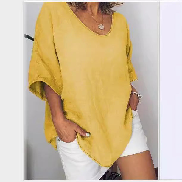T-shirt femme col V en coton et lin, manches courtes, couleur vibrante, look décontracté, idéal printemps-été.