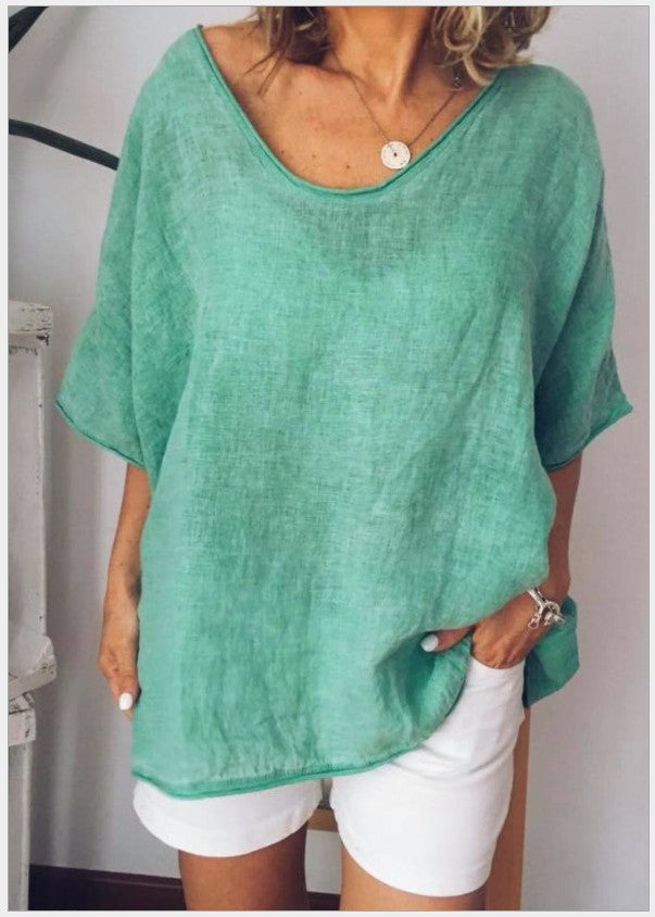T-shirt femme col V en coton et lin, manches courtes, couleur vibrante, look décontracté, idéal printemps-été.