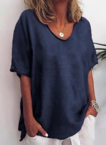 T-shirt femme col V en coton et lin, manches courtes, couleur vibrante, look décontracté, idéal printemps-été.