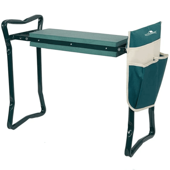 Tabouret agenouilloir multifonctionnel en acier, coussin en mousse épaisse, vue de face, robuste et confortable.