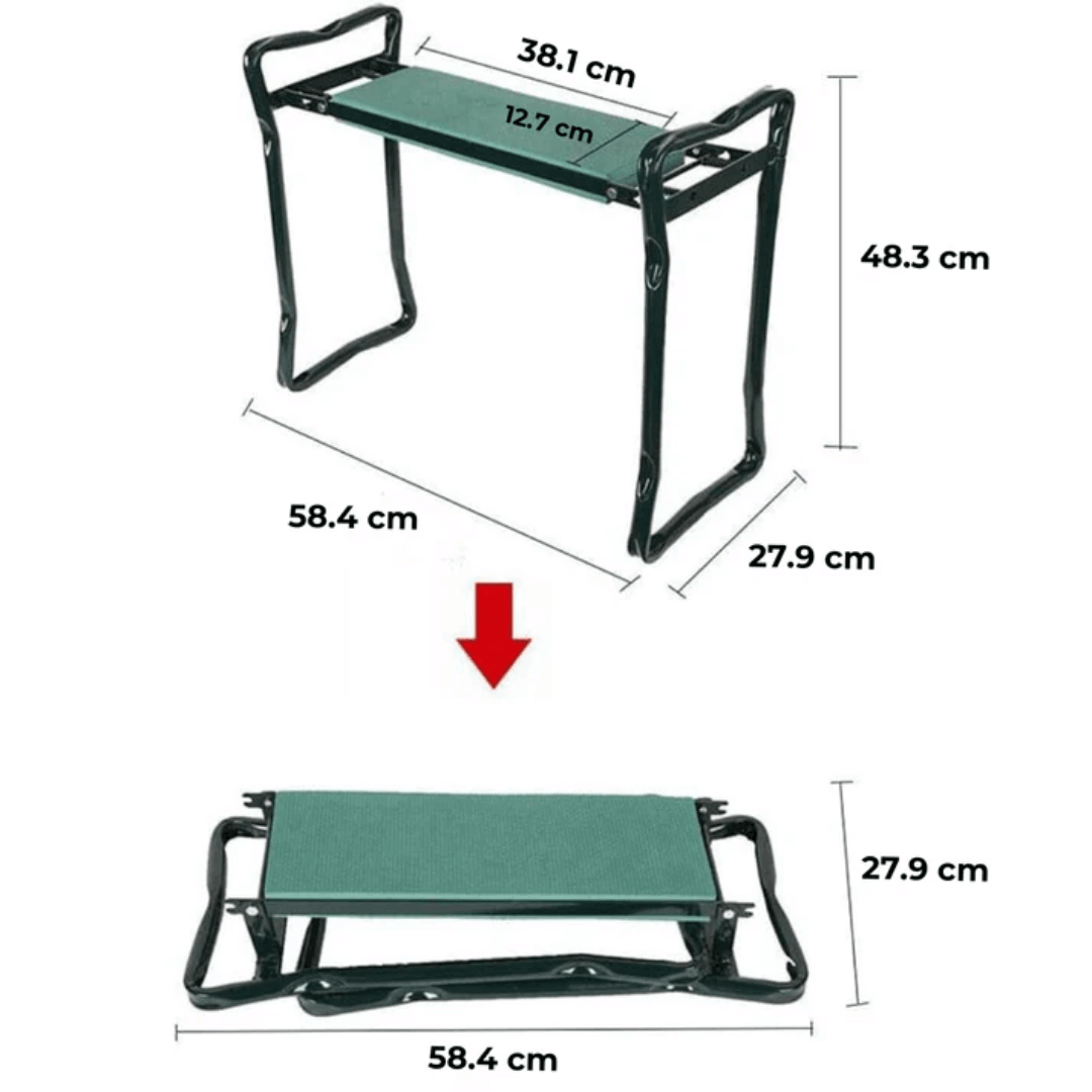 Tabouret agenouilloir multifonctionnel en acier, coussin en mousse épaisse, vue de face, robuste et confortable.