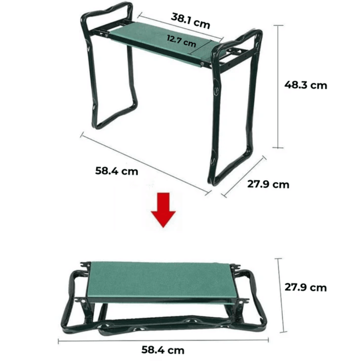 Tabouret agenouilloir multifonctionnel en acier, coussin en mousse épaisse, vue de face, robuste et confortable.